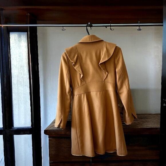 Tibi Women’s 4 Camel Wool Pea Coat Ruffle Detail Button Designer Jacket - Picture 2 of 7